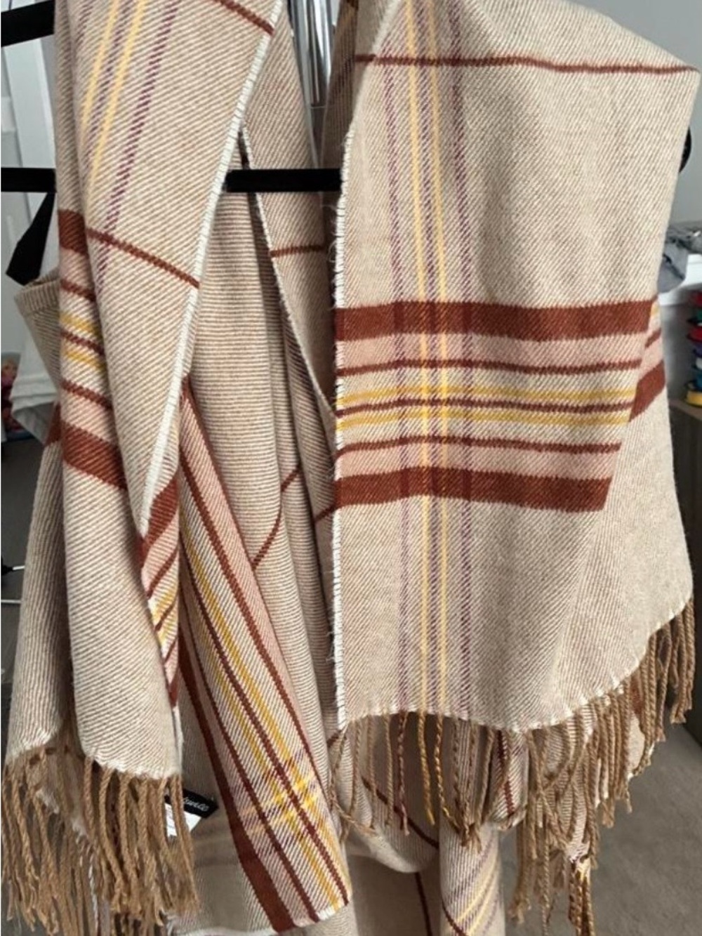 Madewell Beige Plaid Throw with Rust and Yellow Accents